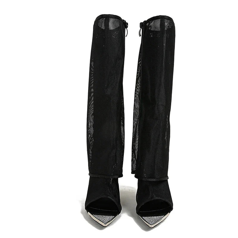 Metal Pointed Toe Black Mesh Knee High High Heel