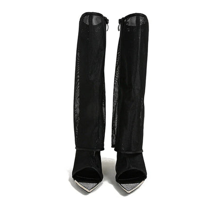 Metal Pointed Toe Black Mesh Knee High High Heel
