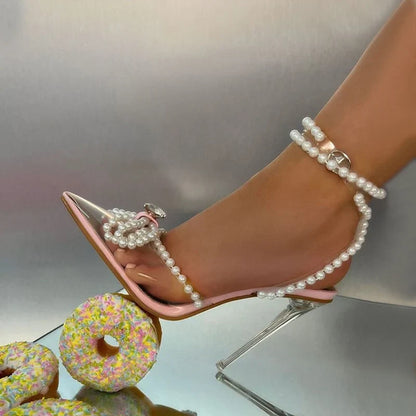 White String Bead Transparent Butterfly-Knot Pointed Toe High Heel