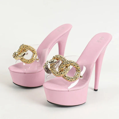 Size 34-43 Pink High Heel Big Metal Chain Transparent High Heel