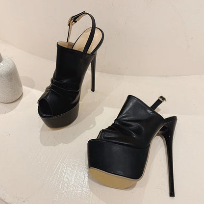 Summer Cozy Pleated Leather Super High Heel Peep Toe High Heel