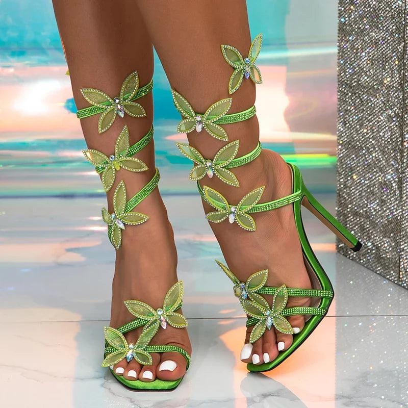 Summer Fashion Crystal Butterfly Ankle Strap Square Toe High Heel