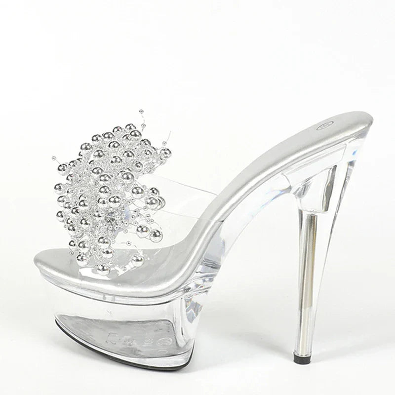 Stylish Summer Transparent Silver Pearl Open Toe High Heel High Heel
