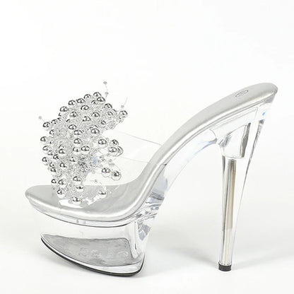 Stylish Summer Transparent Silver Pearl Open Toe High Heel High Heel