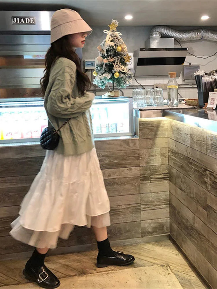 Long Tulle Midi Skirts Womens 2025 Autumn Elastic High Waist Mesh Tutu Pleated Skirts Female Black White Long Skirt Streetwear
