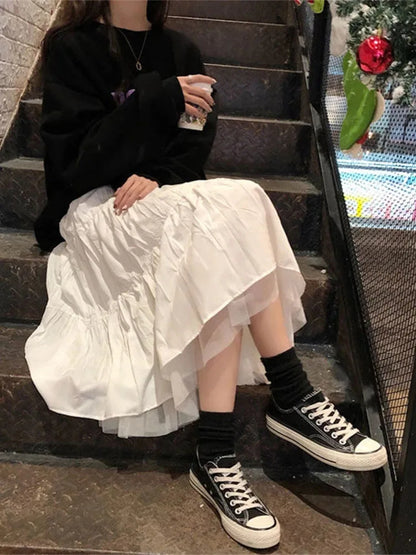 Long Tulle Midi Skirts Womens 2025 Autumn Elastic High Waist Mesh Tutu Pleated Skirts Female Black White Long Skirt Streetwear