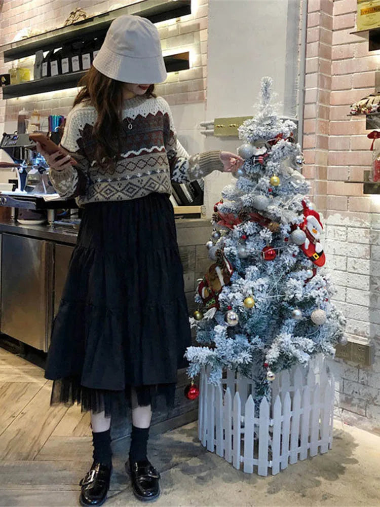 Long Tulle Midi Skirts Womens 2025 Autumn Elastic High Waist Mesh Tutu Pleated Skirts Female Black White Long Skirt Streetwear