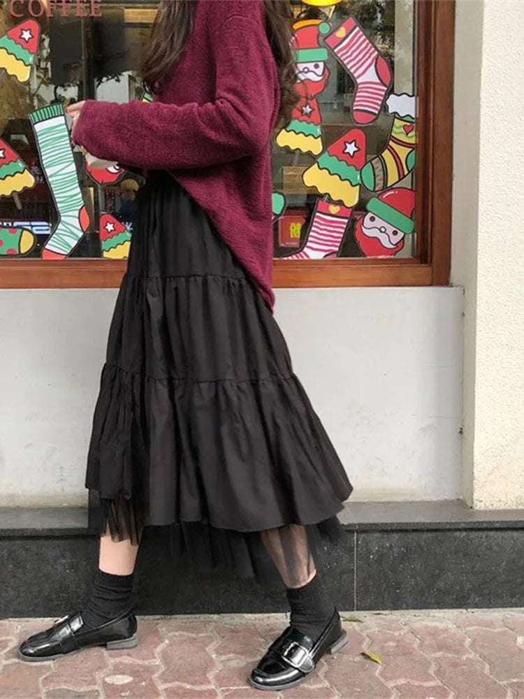 Long Tulle Midi Skirts Womens 2025 Autumn Elastic High Waist Mesh Tutu Pleated Skirts Female Black White Long Skirt Streetwear