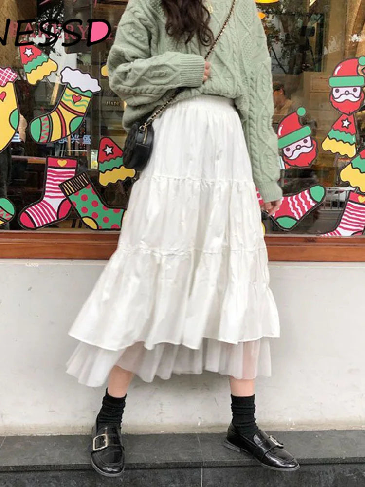 Long Tulle Midi Skirts Womens 2025 Autumn Elastic High Waist Mesh Tutu Pleated Skirts Female Black White Long Skirt Streetwear