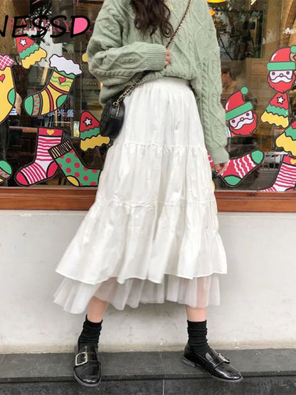 Long Tulle Midi Skirts Womens 2025 Autumn Elastic High Waist Mesh Tutu Pleated Skirts Female Black White Long Skirt Streetwear