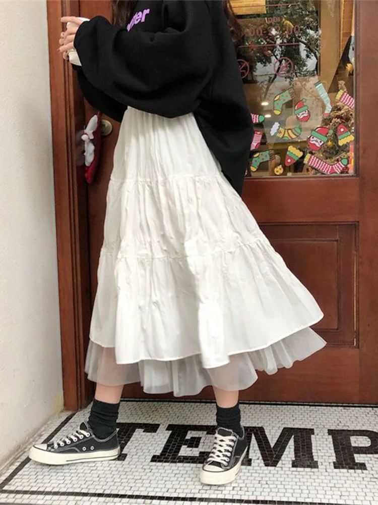 Long Tulle Midi Skirts Womens 2025 Autumn Elastic High Waist Mesh Tutu Pleated Skirts Female Black White Long Skirt Streetwear