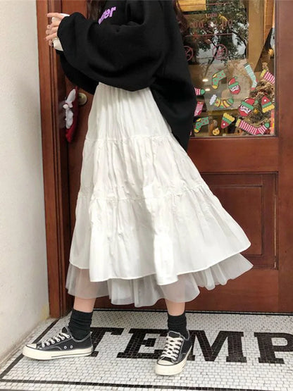 Long Tulle Midi Skirts Womens 2025 Autumn Elastic High Waist Mesh Tutu Pleated Skirts Female Black White Long Skirt Streetwear