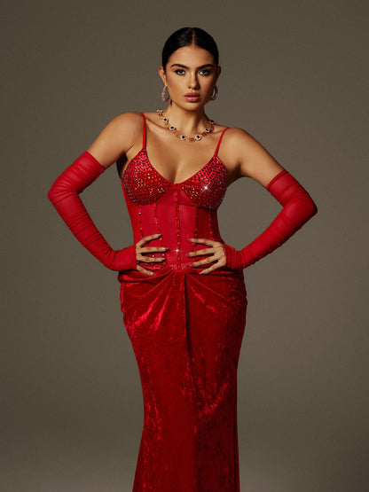 Rhinestone Corset Sheer Sleeve Velvet Drape Maxi Dress