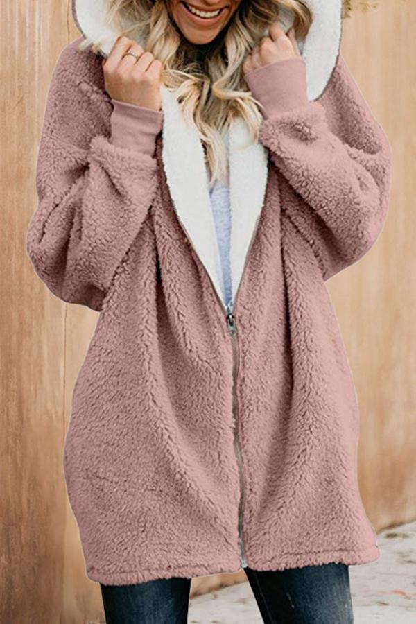 Fluffy Solid Color Hooded Coat