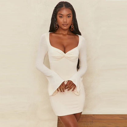 Twist Front Bell Cuff Rib Knit Bodycon Mini Dress