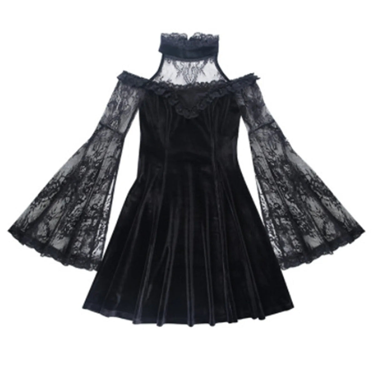 Velvet Lace Panel Halter Neck Cold Shoulder Bell Sleeve Mini Dress