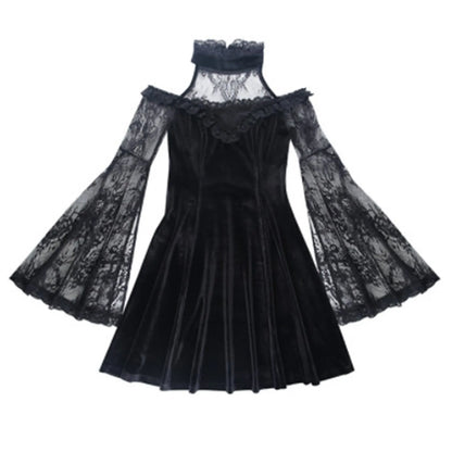 Velvet Lace Panel Halter Neck Cold Shoulder Bell Sleeve Mini Dress