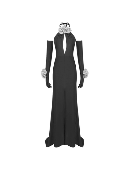 Satin Halter Neck Keyhole 3D Rosette High Split Maxi Dress and Opera Gloves Set