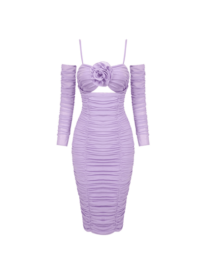 Mesh Spaghetti Strap Rosette Keyhole Ruched Bodycon Midi Dress