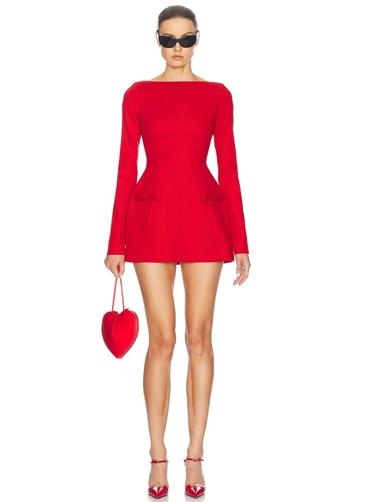 Double Bow Long Sleeve Sexy Mini Dress For Women Autumn Winter New Solid High Waist Bodycon Club Party Dress Elegant
