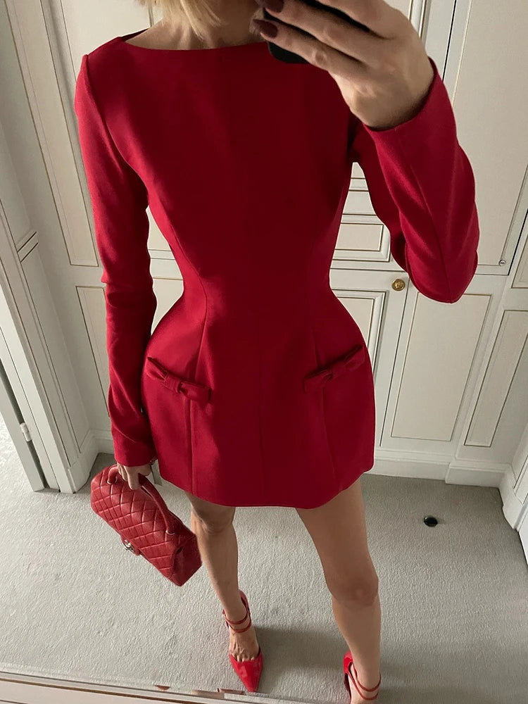 Double Bow Long Sleeve Sexy Mini Dress For Women Autumn Winter New Solid High Waist Bodycon Club Party Dress Elegant