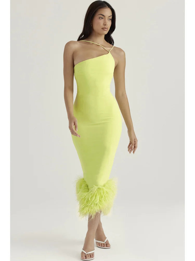 Elegant Spaghetti Strap Feather Midi Dress For Women Robe Fashion Sexy Backless Bodycon Club Party Dress Vestido