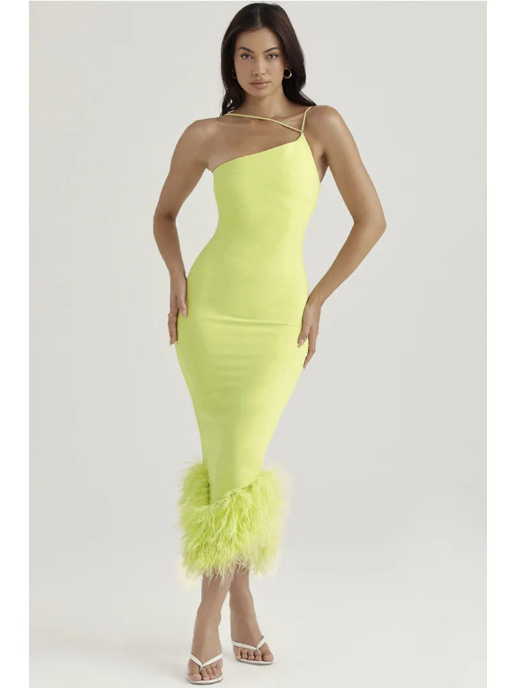 Elegant Spaghetti Strap Feather Midi Dress For Women Robe Fashion Sexy Backless Bodycon Club Party Dress Vestido