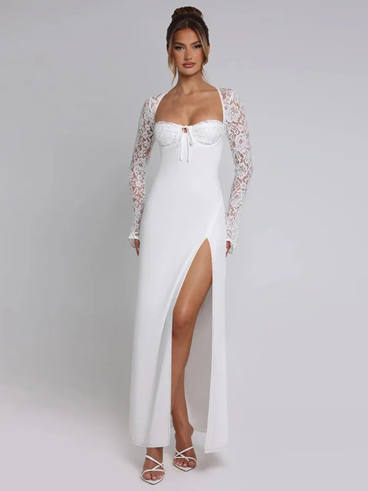 Lace Long Sleeve Sexy Maxi Dress Women Autumn New Square Collar Backless Lace-up High Split Sexy Club Party Long Dress