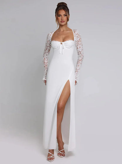 Lace Long Sleeve Sexy Maxi Dress Women Autumn New Square Collar Backless Lace-up High Split Sexy Club Party Long Dress