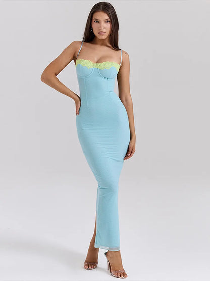 Lace Spaghetti Strap Bodycon Maxi Dress Women Gown Patchwork Fashion Sleeveless Backless Sexy Club Party Dress Elegant