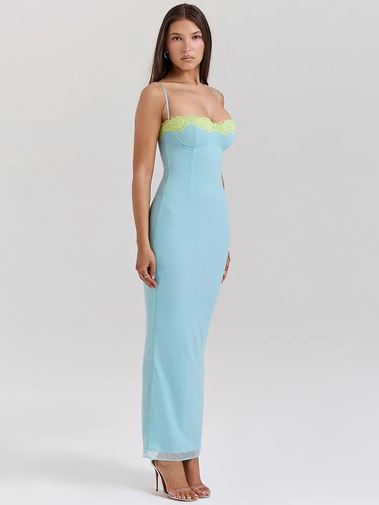 Lace Spaghetti Strap Bodycon Maxi Dress Women Gown Patchwork Fashion Sleeveless Backless Sexy Club Party Dress Elegant