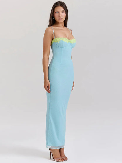 Lace Spaghetti Strap Bodycon Maxi Dress Women Gown Patchwork Fashion Sleeveless Backless Sexy Club Party Dress Elegant