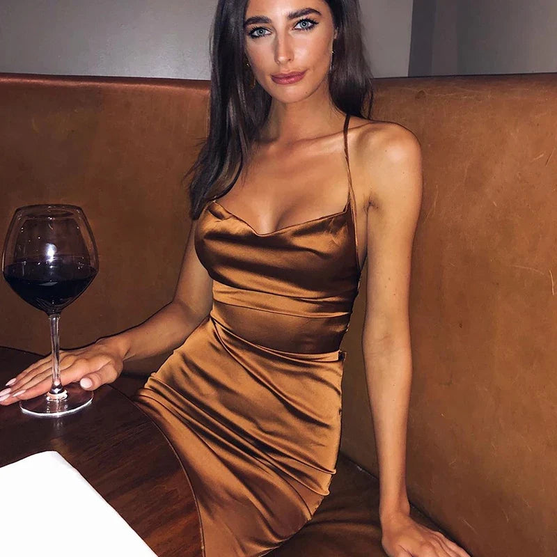 Satin Lace Up Pink Backless Midi Dress
