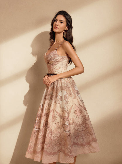 Baroque Print Sweetheart Bow Strap Belted Fit and Flare Midi Dress