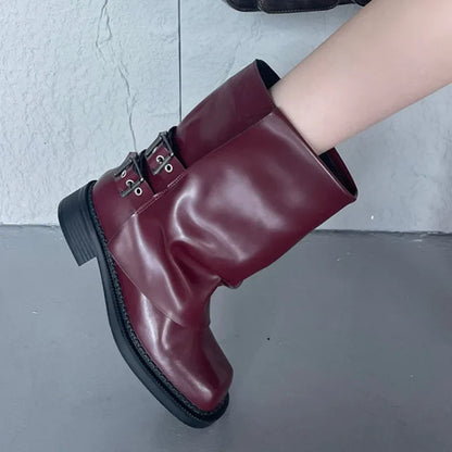 New Square Toe Buckled Slip On Modern Winter Ankle Boot