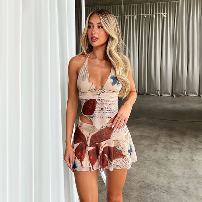 Deep V-neck Floral Halter Mini Skirt