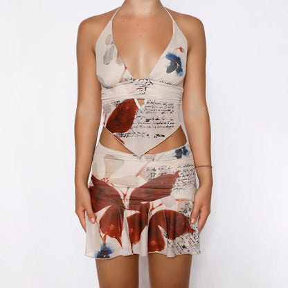 Butterfly Print Mesh Halter Handkerchief Hem Two-Piece Set