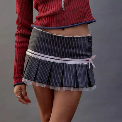 Pinstripe Lace Trim Ribbon Bow Pleated Tulle Hem Mini Skirt