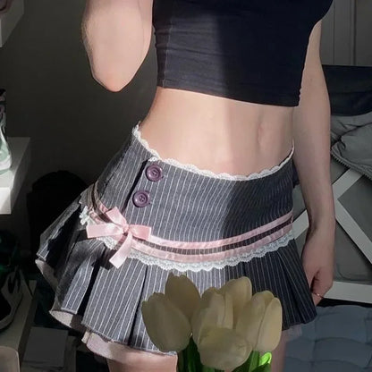 Pinstripe Lace Trim Ribbon Bow Pleated Tulle Hem Mini Skirt