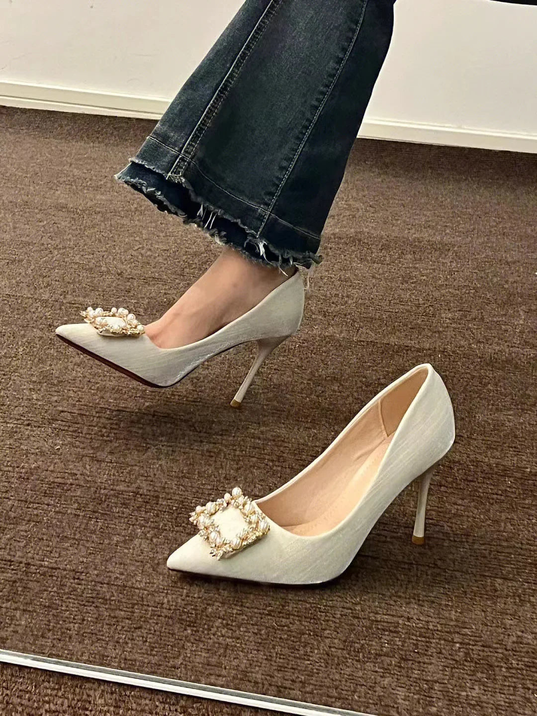 Casual Fashion Pearl Wedding Square Rhinestone High Heel