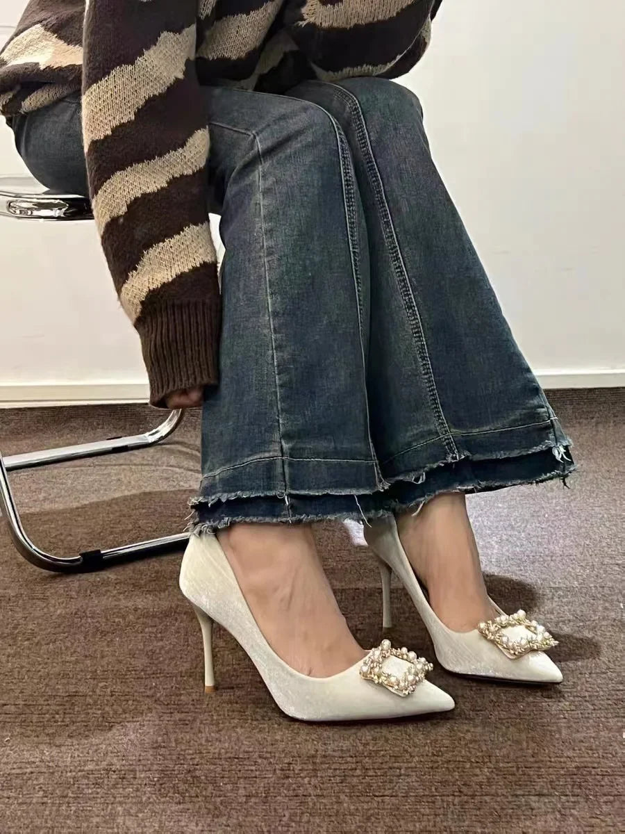 Casual Fashion Pearl Wedding Square Rhinestone High Heel