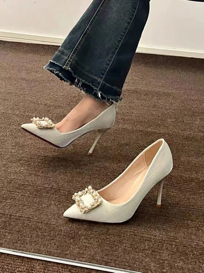 Casual Fashion Pearl Wedding Square Rhinestone High Heel