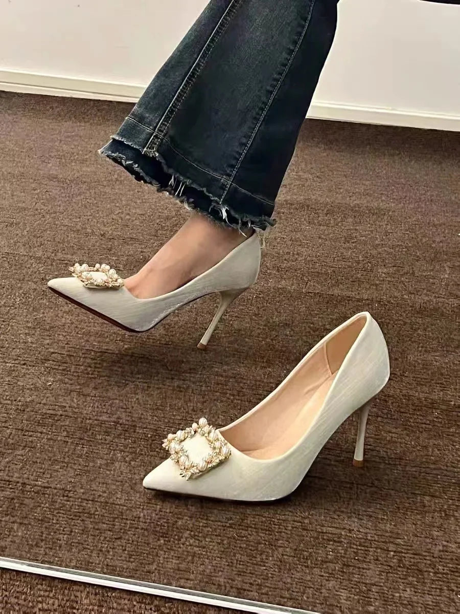 Casual Fashion Pearl Wedding Square Rhinestone High Heel