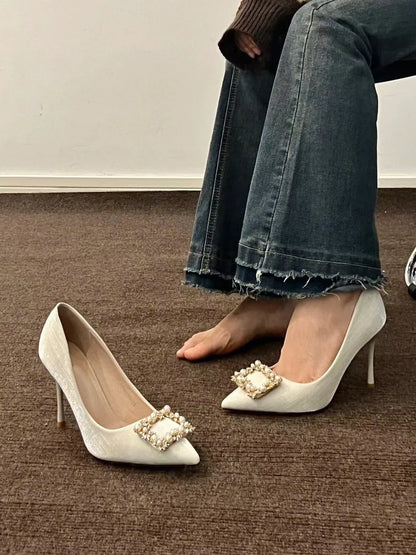 Casual Fashion Pearl Wedding Square Rhinestone High Heel