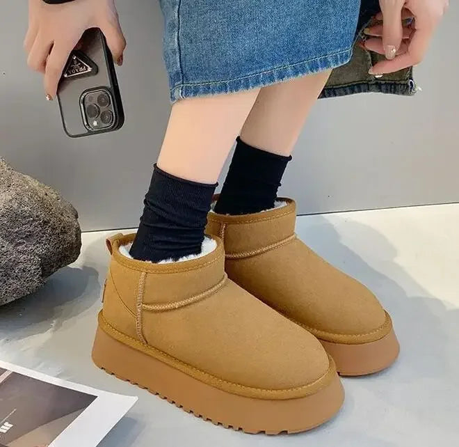 New Winter Women Short Plush Warm Snow Boots Flats Casual Shoes Suede Fur Chelsea Ankle Boots Platform Ladies Shoes Botas Muj