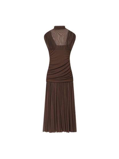 Mock Neck Mesh Yoke Ruched Bodice Pleated Midi Dress