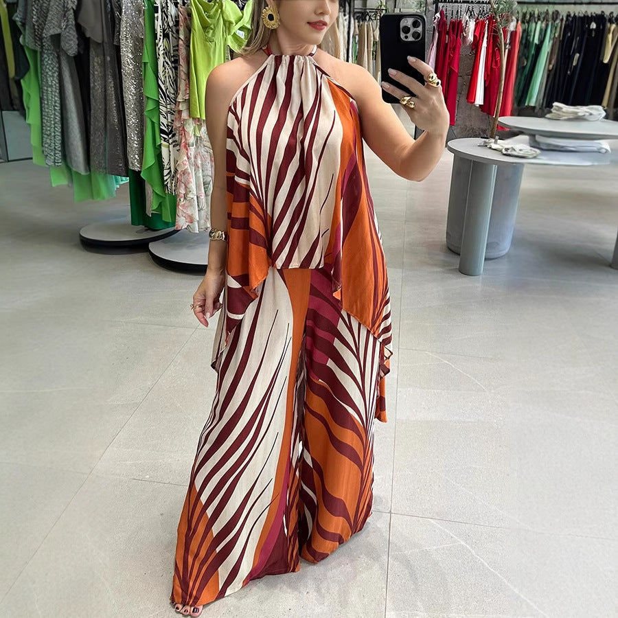 Summer Positioning Printed Long Sleeved Top Wide Leg Pants Two Piece Set Women Clothing