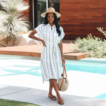 Summer Striped Short-Sleeved Cardigan Single-Breasted Casual Shirtdress Women