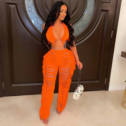 Summer Women Clothing Sexy Tassel Knitted Trousers Suit
