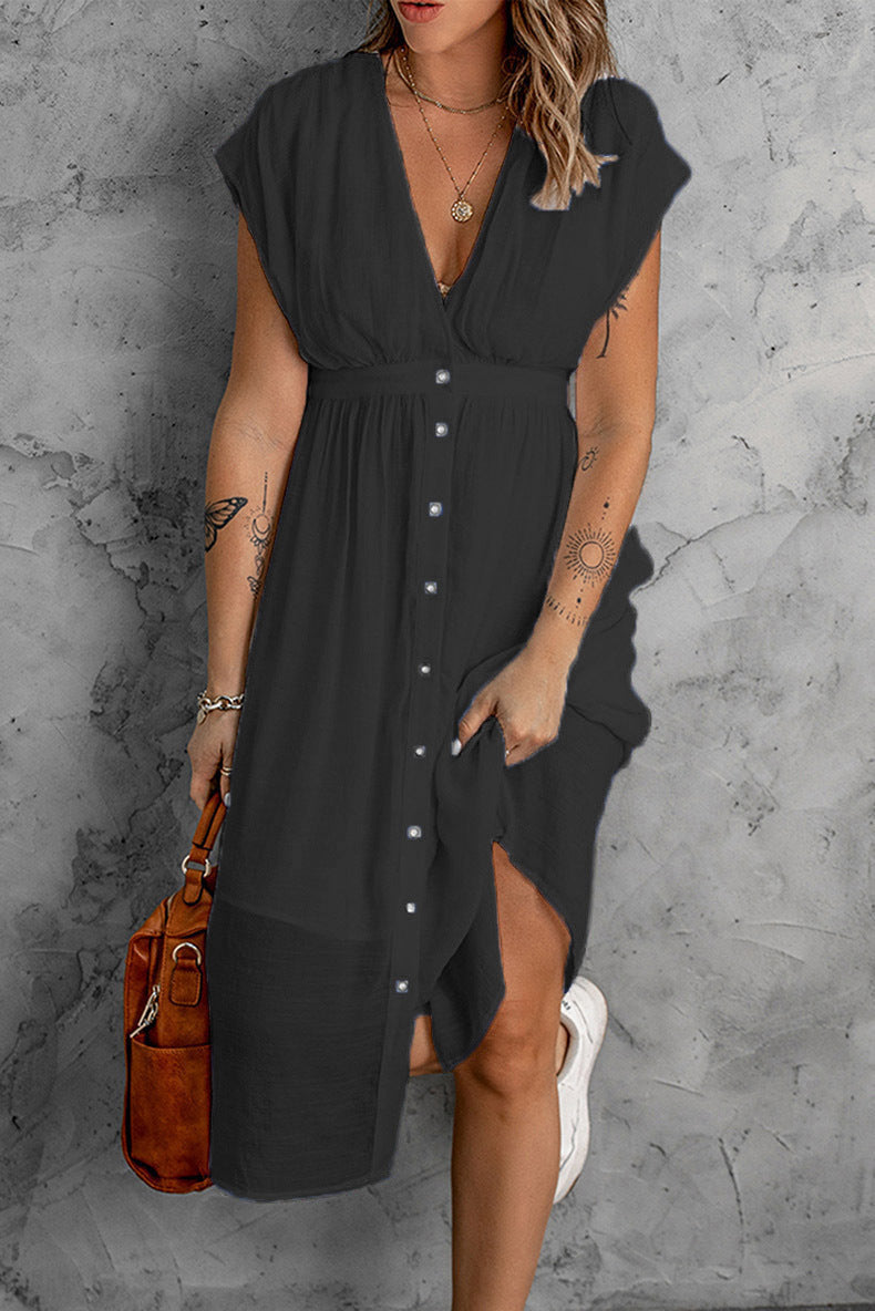 Summer Double Layer Tulle Solid Color Dress Women Deep V Plunge Short Sleeve Waist Controlled Maxi Dress